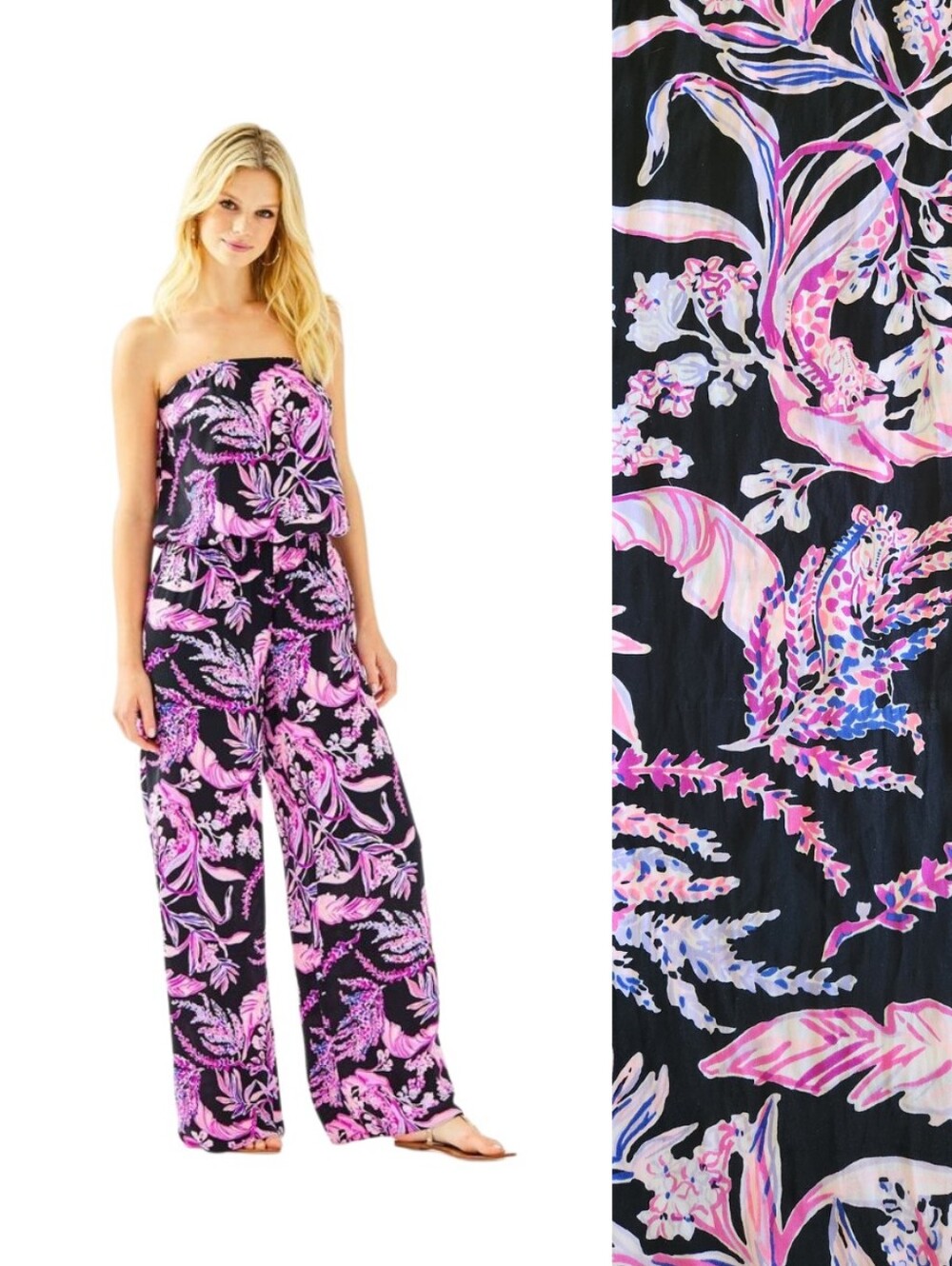 Lilly Pulitzer Black & Pink Wild Within Print Pim Strapless Wide Leg Jumpsuit